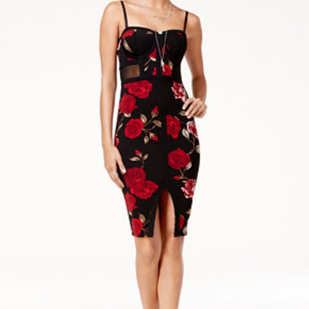 Material Girl Junior's Printed Illusion Bodycon Dress Size Small Black & Red